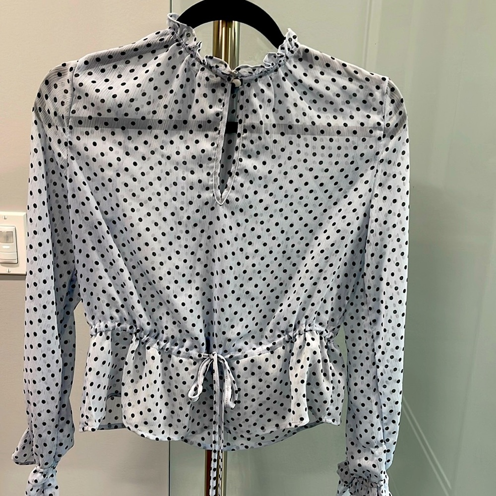 XS Baby blue & black polka dot draw string waist blouse functional button neck